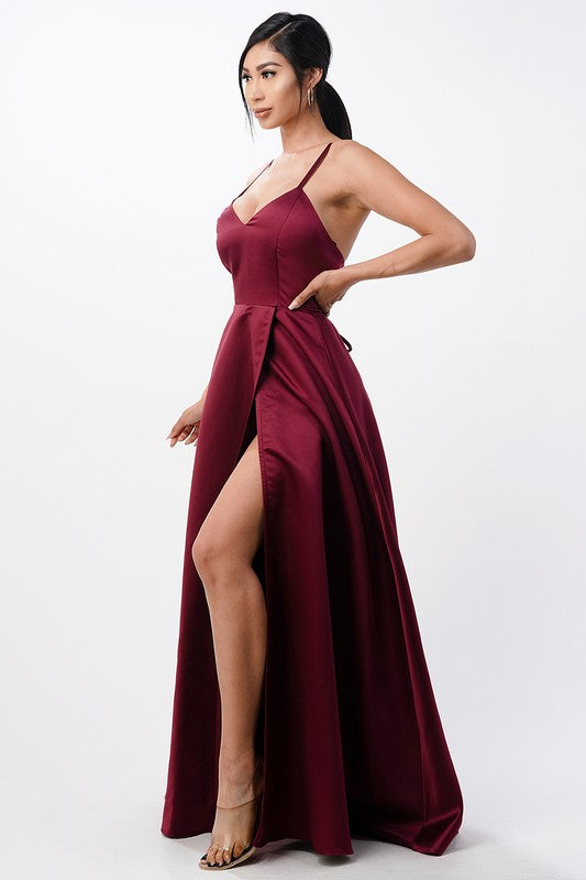 open side back spaghetti zig zag tie satin gown - Body By J'ne