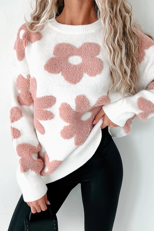 Flower Round Neck Long Sleeve Knit Top - Body By J'ne