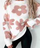 Flower Round Neck Long Sleeve Knit Top