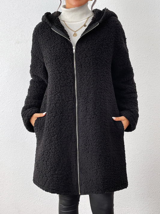 Zip Up Long Sleeve Sherpa Hooded Coat - Body By J'ne
