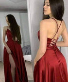 open side back spaghetti zig zag tie satin gown