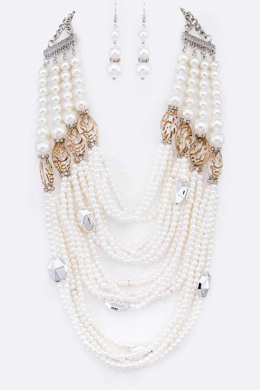 String Pearl Layer Statement Necklace Set