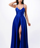 open side back spaghetti zig zag tie satin gown