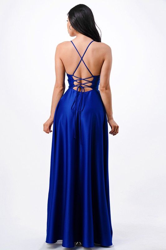 open side back spaghetti zig zag tie satin gown - Body By J'ne