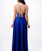 open side back spaghetti zig zag tie satin gown