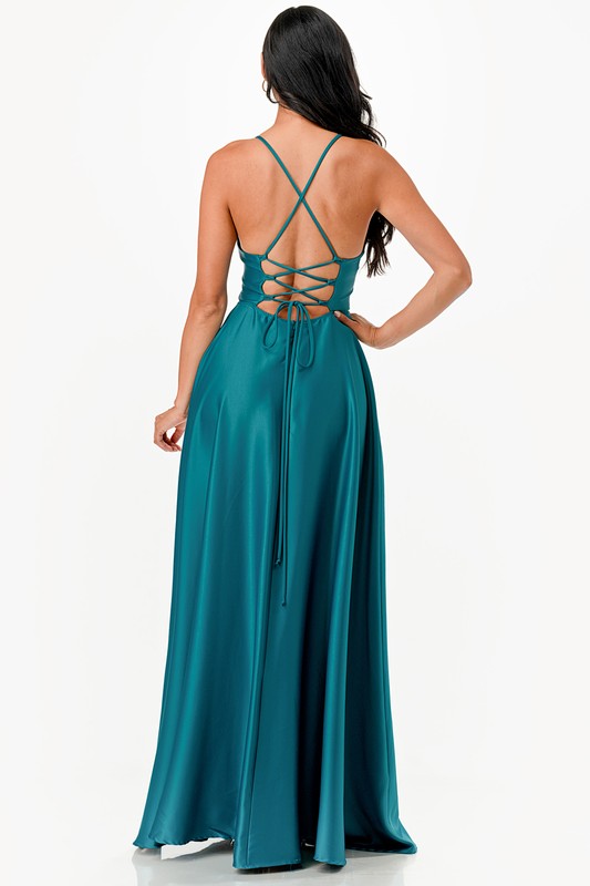 open side back spaghetti zig zag tie satin gown - Body By J'ne