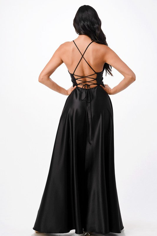open side back spaghetti zig zag tie satin gown - Body By J'ne