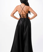 open side back spaghetti zig zag tie satin gown