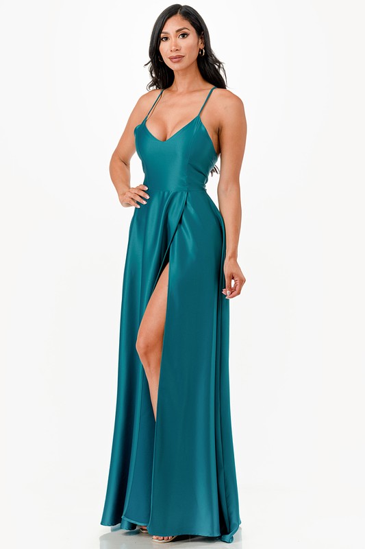 open side back spaghetti zig zag tie satin gown - Body By J'ne