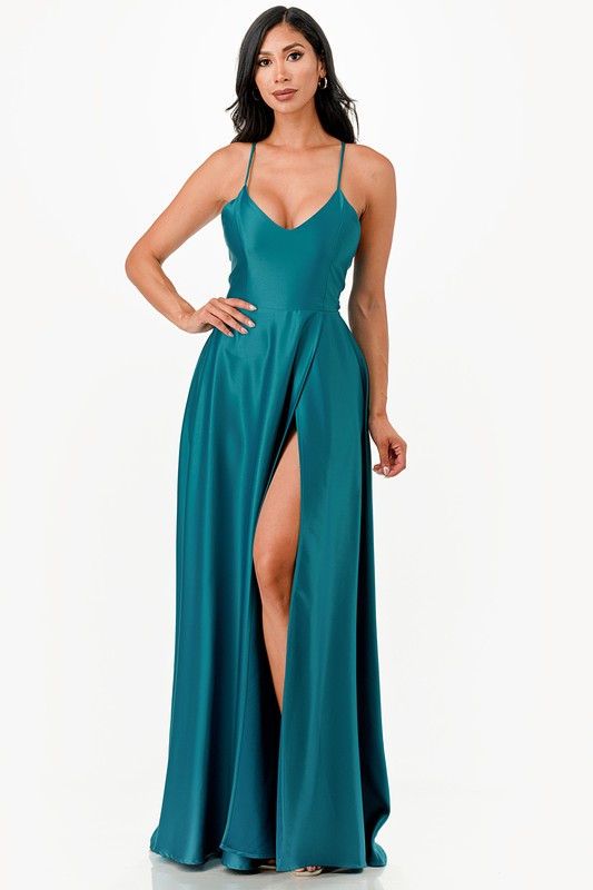 open side back spaghetti zig zag tie satin gown - Body By J'ne