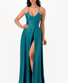 open side back spaghetti zig zag tie satin gown