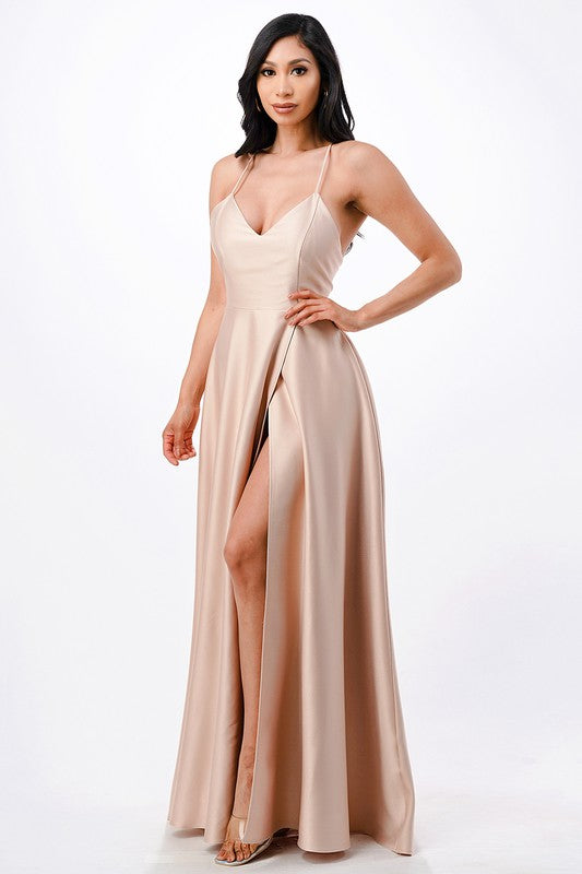 open side back spaghetti zig zag tie satin gown - Body By J'ne