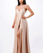 open side back spaghetti zig zag tie satin gown