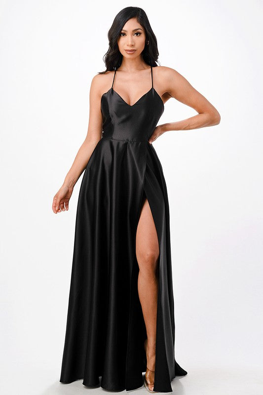 open side back spaghetti zig zag tie satin gown - Body By J'ne