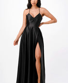 open side back spaghetti zig zag tie satin gown