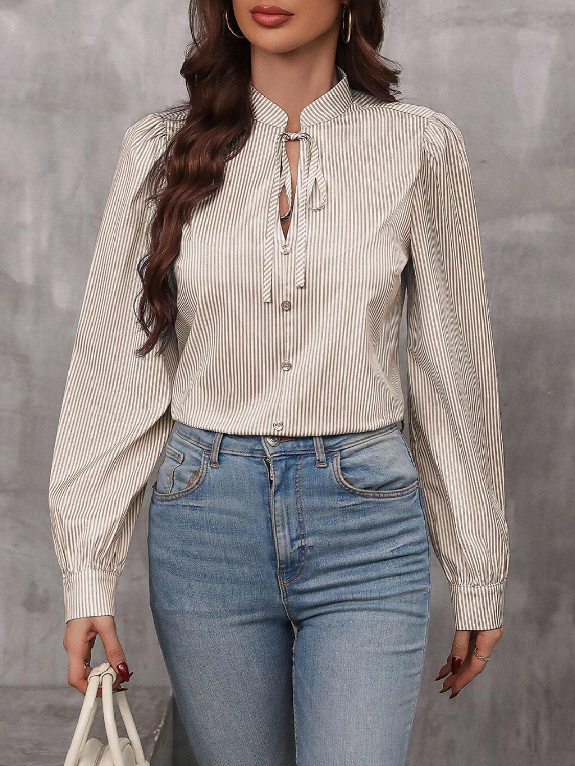 Striped Tie Neck Long Sleeve Blouse - Body By J'ne