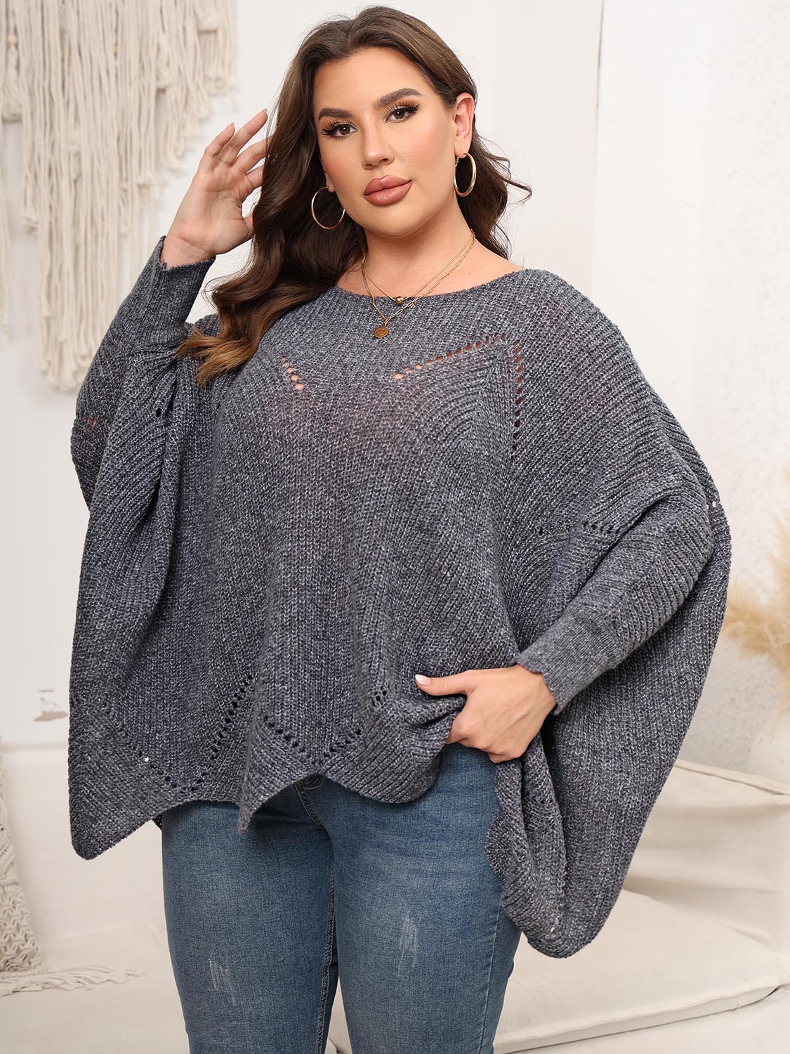 Plus Size Round Neck Batwing Sleeve Sweater - Body By J'ne