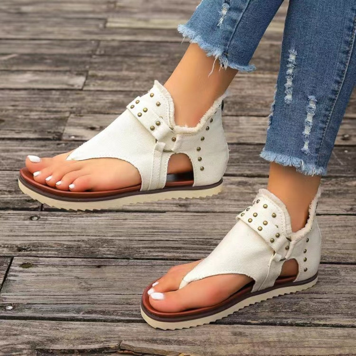 Studded Raw Hem Flat Sandals - Body By J'ne