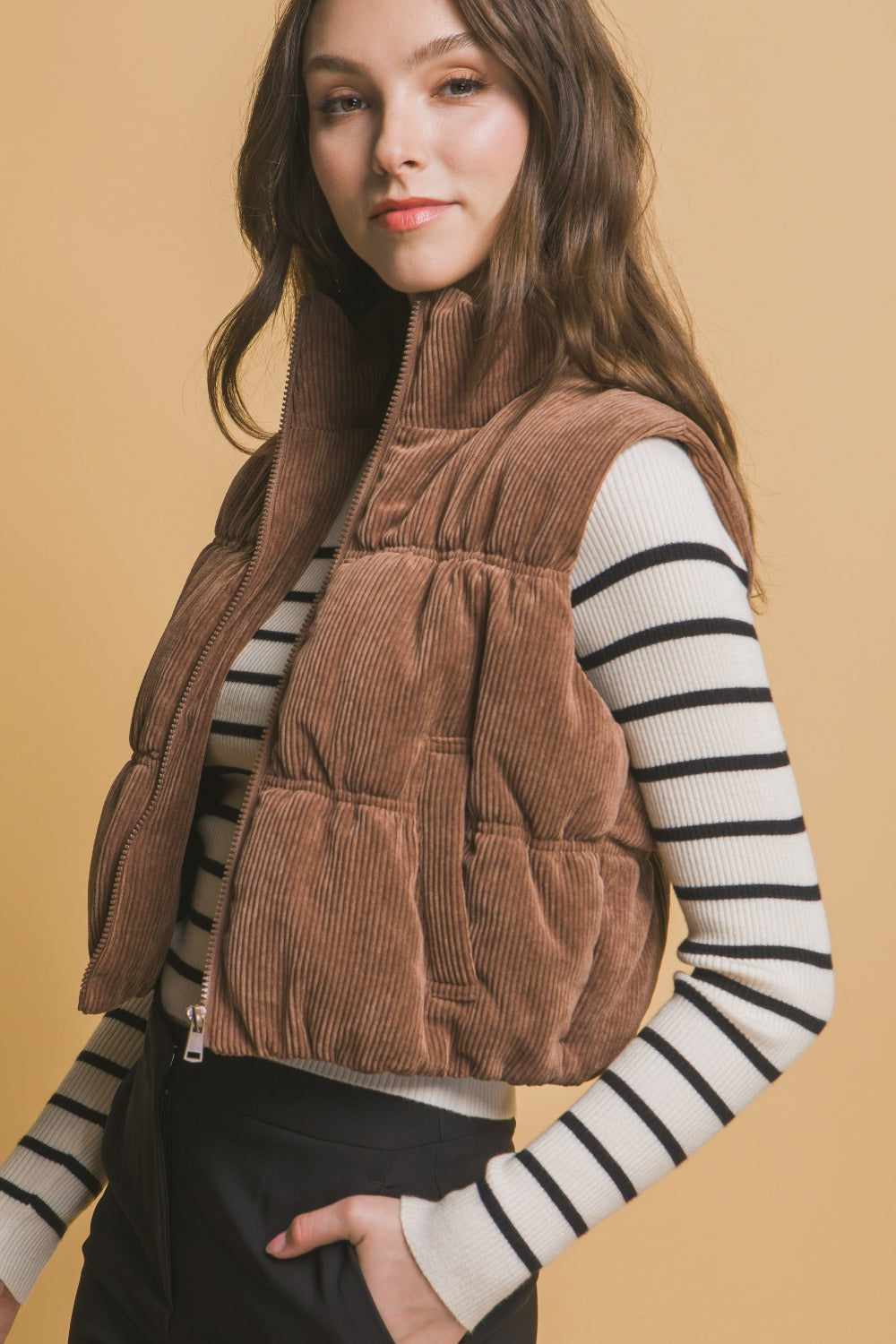 Corduroy Zip Up Puffer Vest with Pockets - Body By J'ne