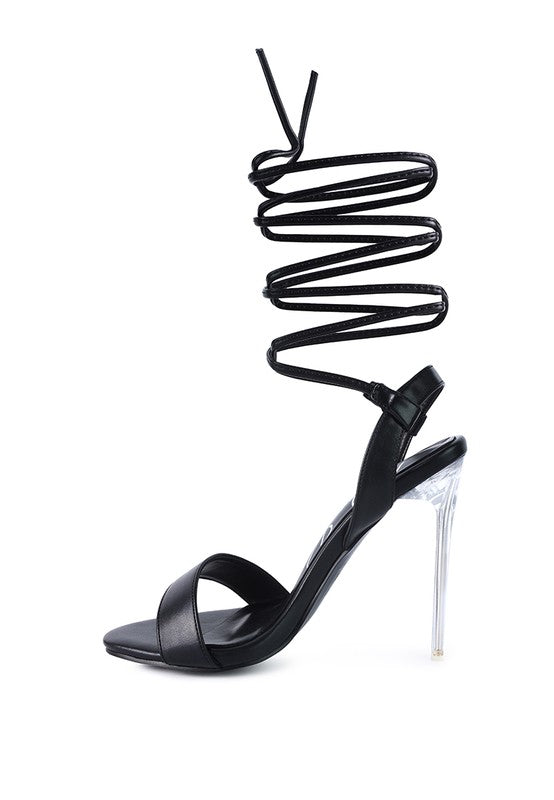 SHEENY CLEAR STILETTO LACE UP SANDAL - Body By J'ne