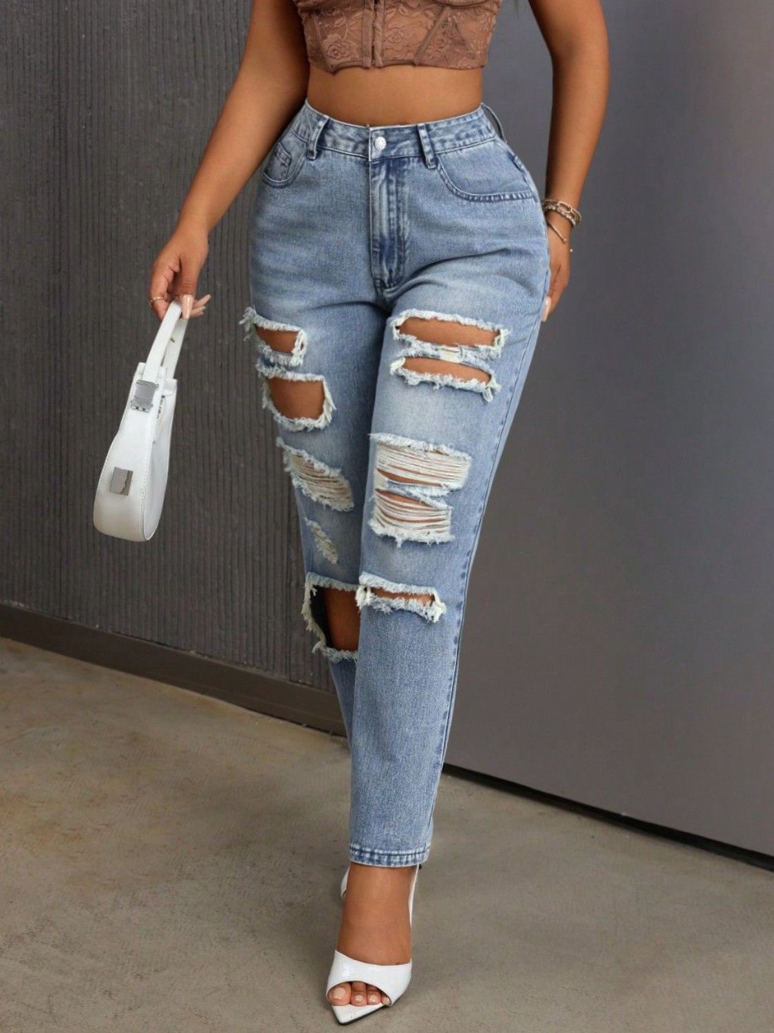 Distressed High Rise Jeans with Pockets - Body By J'ne