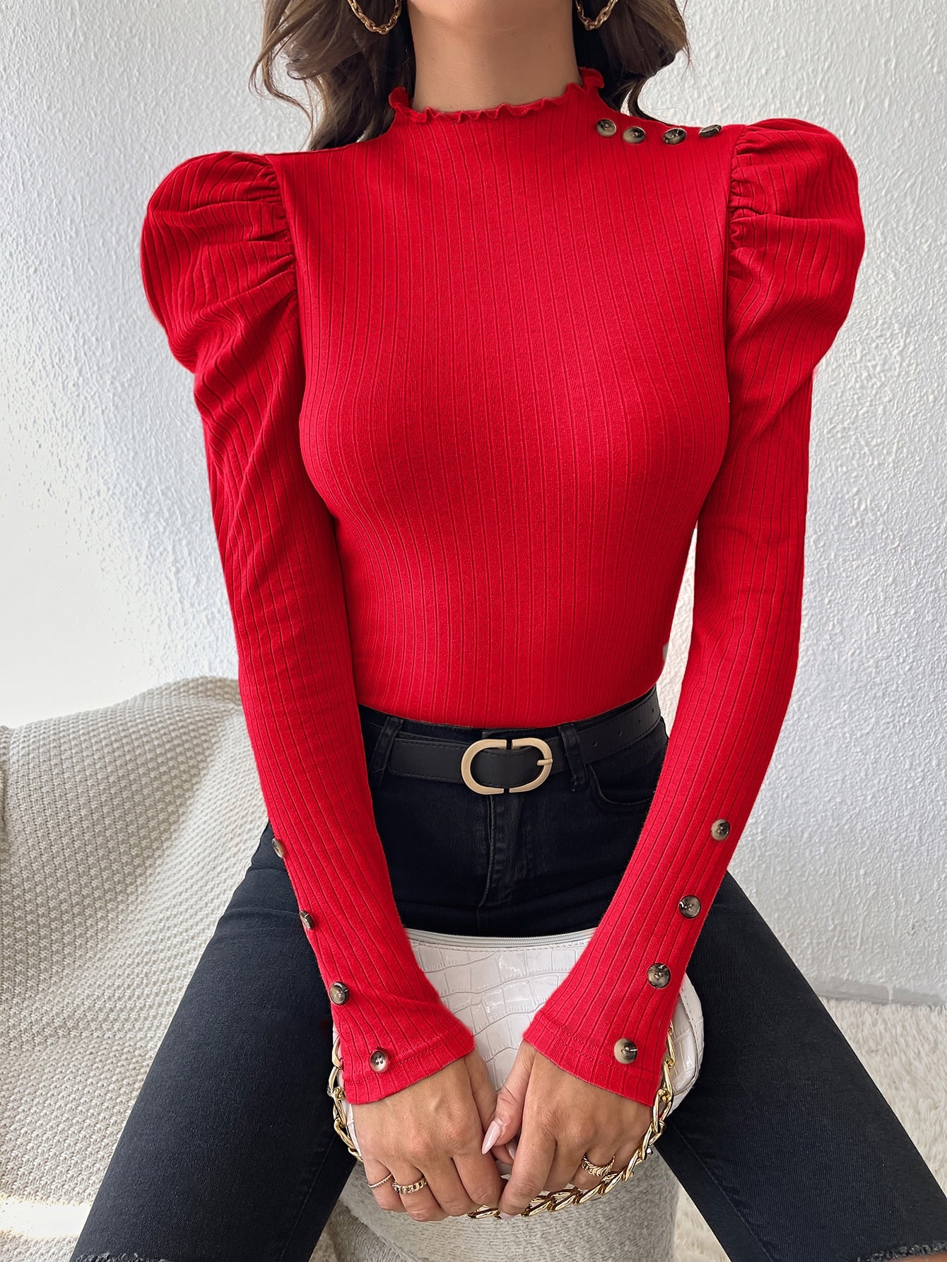 Gigot Sleeve Button Detail Top