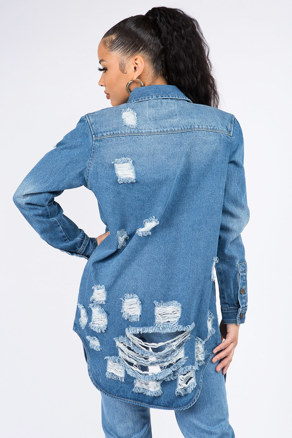 Distressed Button Down Denim Shirt Jacket - Body By J'ne