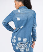 Distressed Button Down Denim Shirt Jacket - Body By J'ne