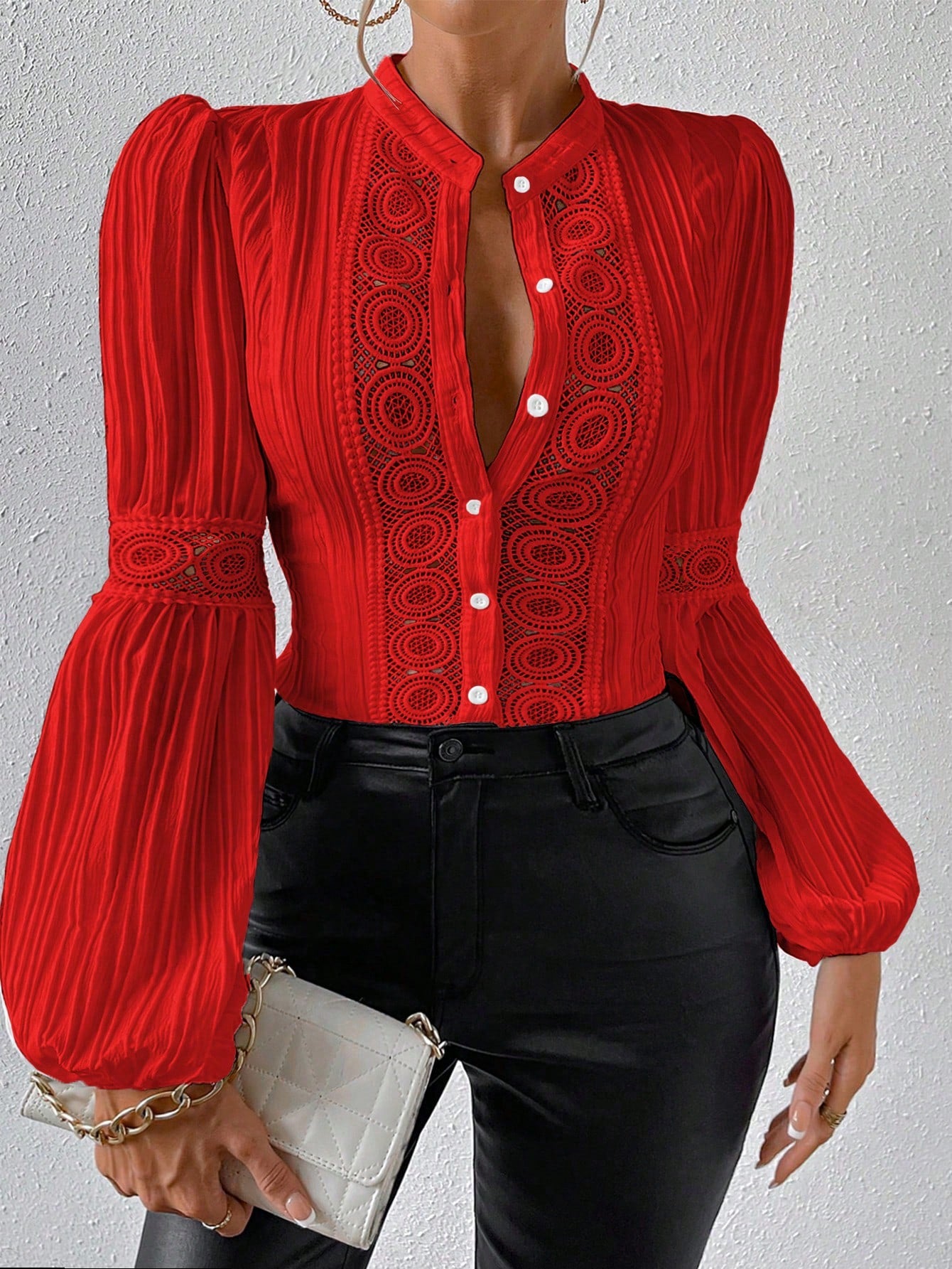 Lace Insert Lantern Sleeve Blouse