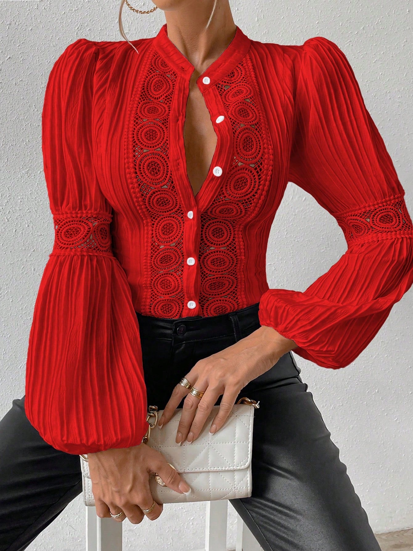 Lace Insert Lantern Sleeve Blouse