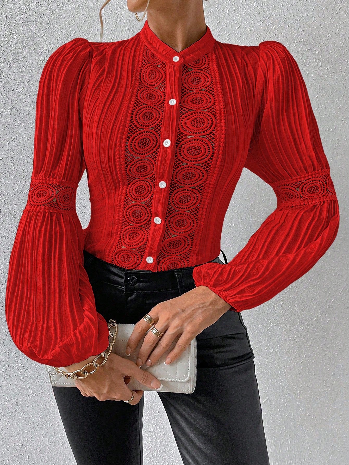 Lace Insert Lantern Sleeve Blouse