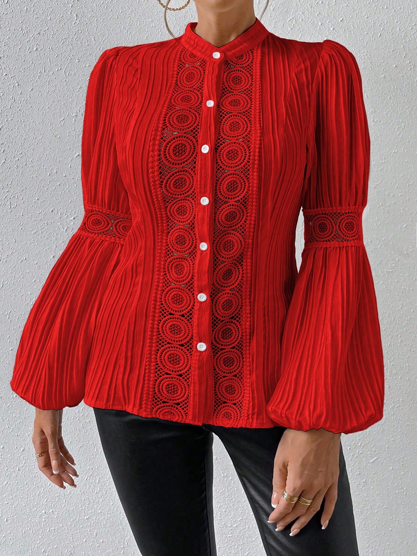 Lace Insert Lantern Sleeve Blouse