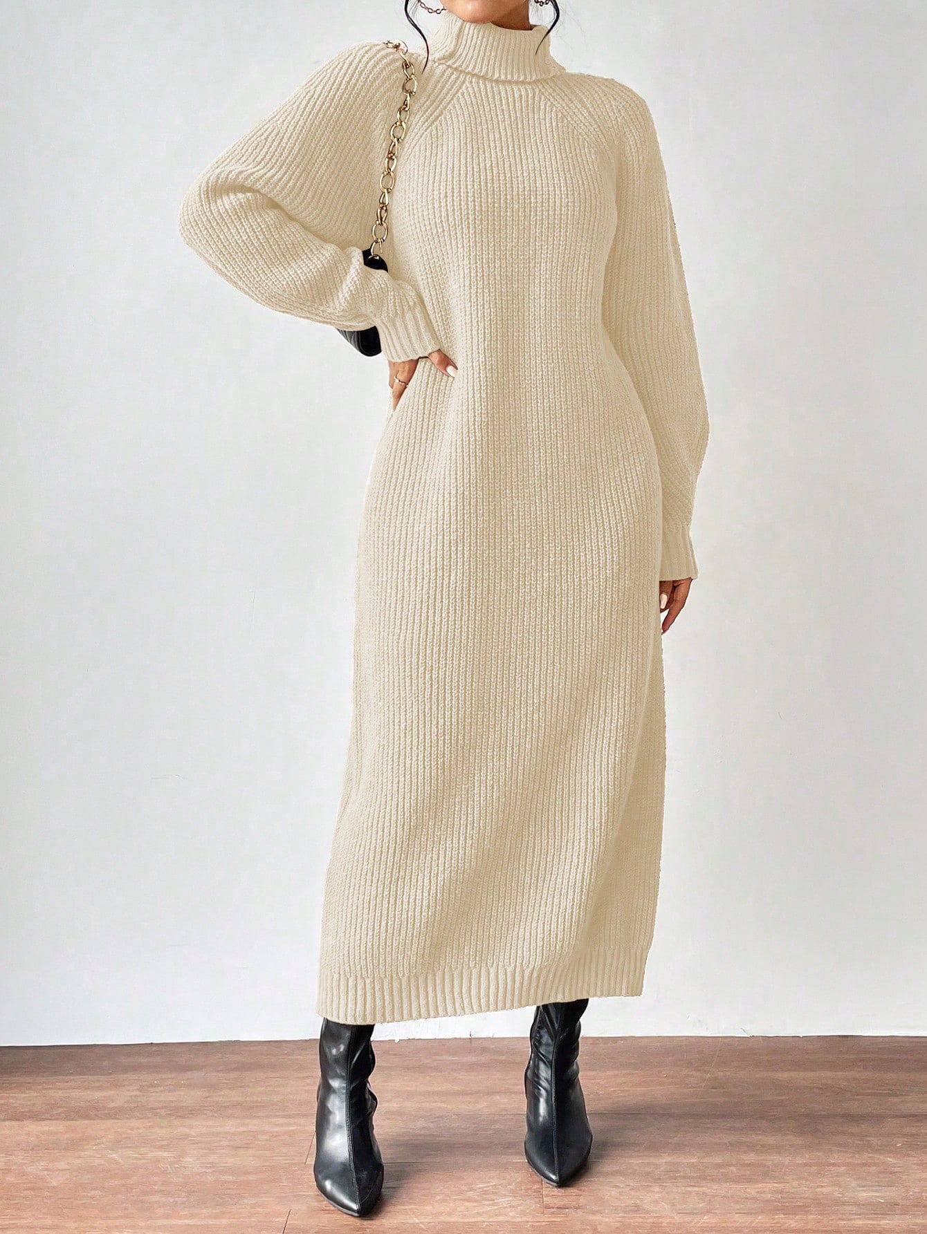 High Neck Raglan Sleeve Sweater Dress