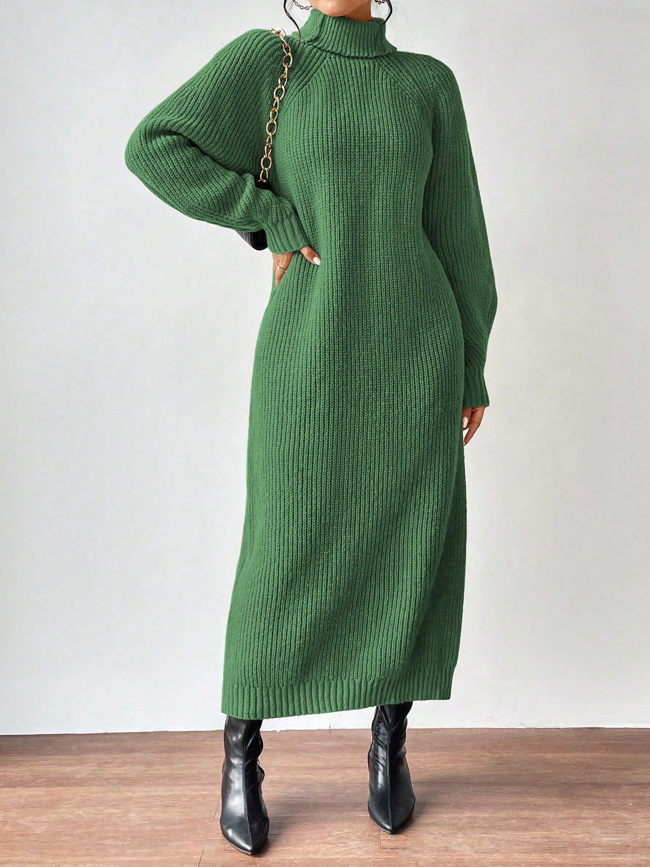 High Neck Raglan Sleeve Sweater Dress