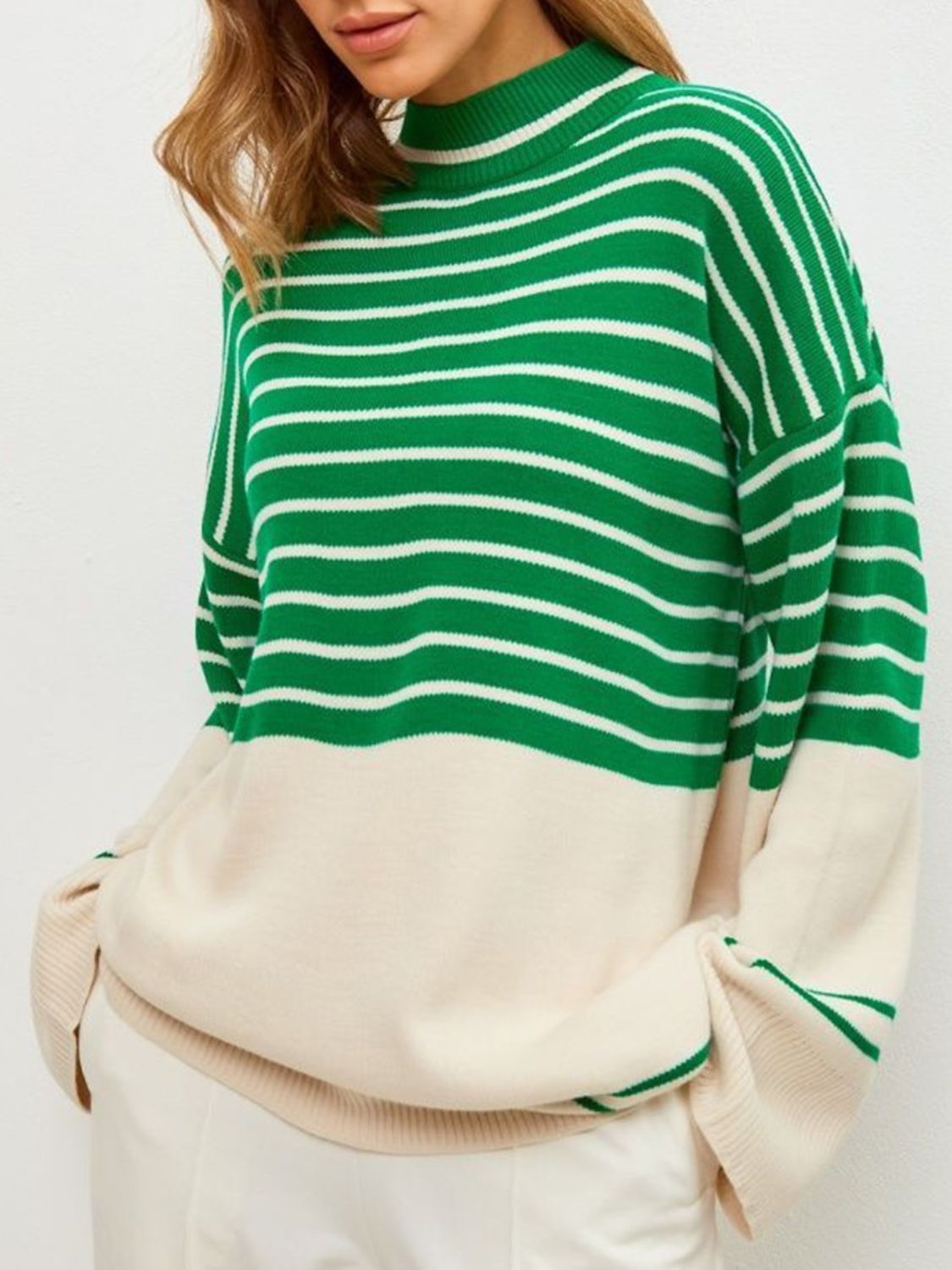 Striped Mock Neck Long Sleeve Sweater - Body By J'ne