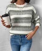 Perfee Contrast Round Neck Long Sleeve Sweater