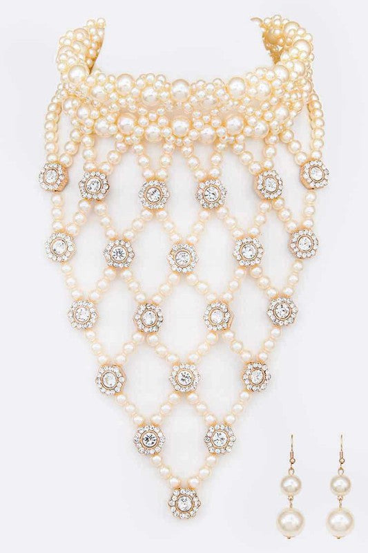 Crystal Accent Pearl Choker Statement Necklace Set - Body By J'ne