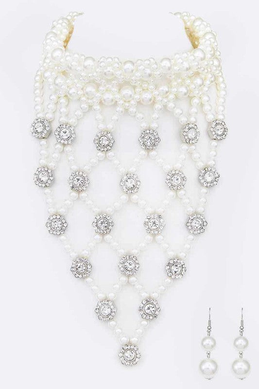 Crystal Accent Pearl Choker Statement Necklace Set