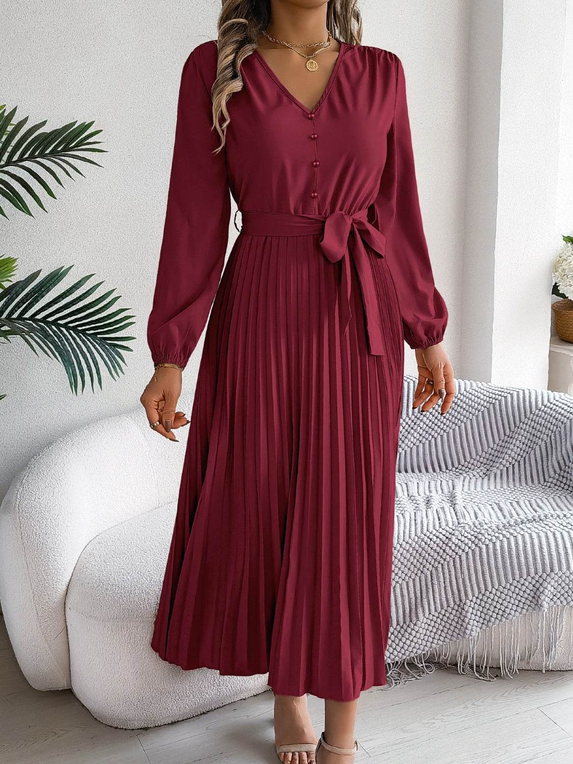 Pleated Tied V-Neck Long Sleeve Dress - Body By J'ne