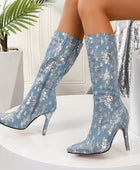 Sequin Flower Denim Pointed-toe Stiletto Boots - Body By J'ne