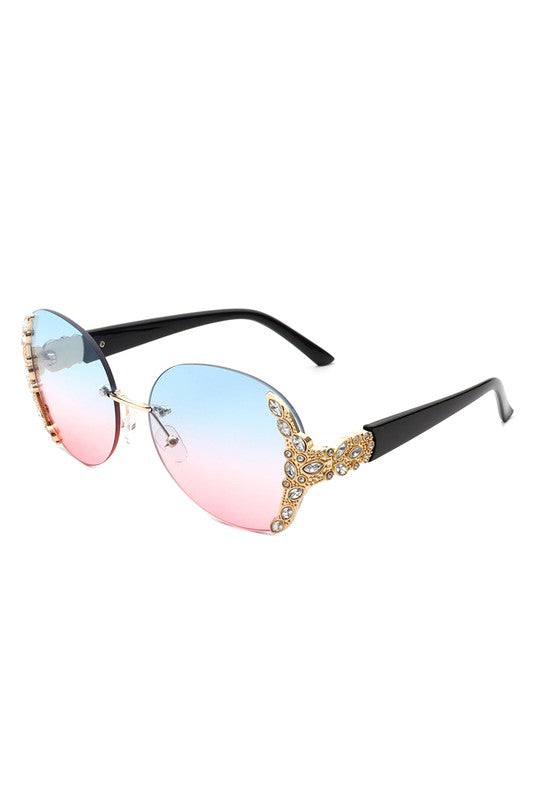 Rimless Round Rhinestone Oversize Sunglasses