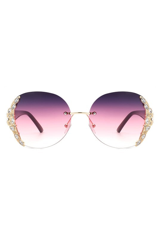 Rimless Round Rhinestone Oversize Sunglasses