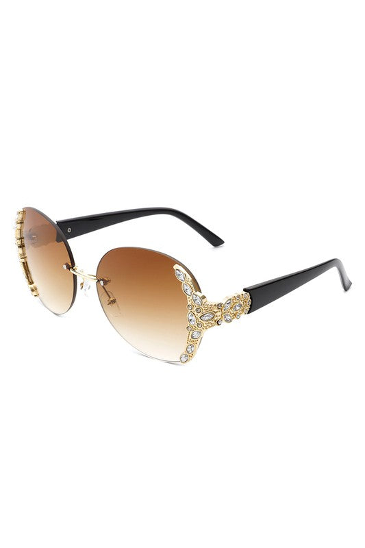 Rimless Round Rhinestone Oversize Sunglasses