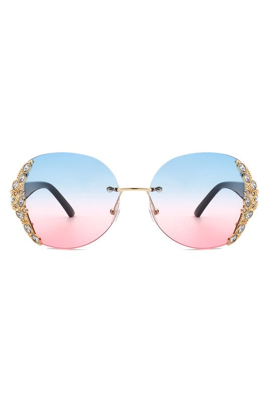 Rimless Round Rhinestone Oversize Sunglasses