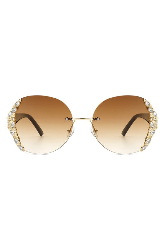 Rimless Round Rhinestone Oversize Sunglasses