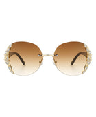 Rimless Round Rhinestone Oversize Sunglasses