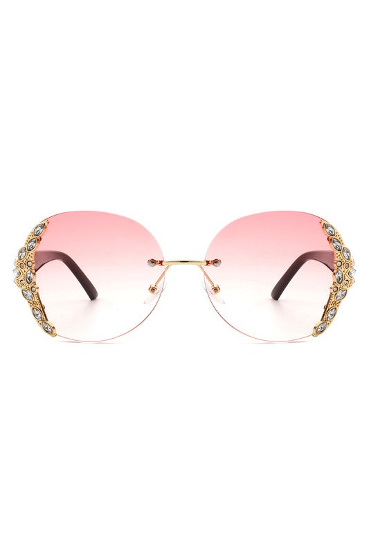 Rimless Round Rhinestone Oversize Sunglasses