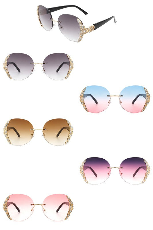 Rimless Round Rhinestone Oversize Sunglasses