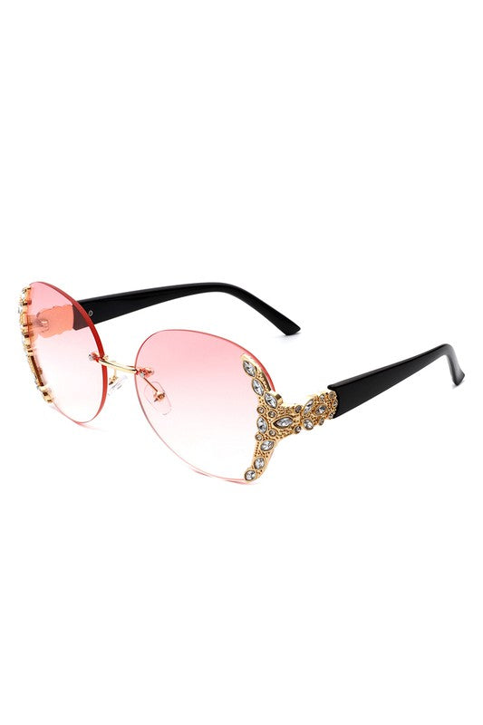 Rimless Round Rhinestone Oversize Sunglasses