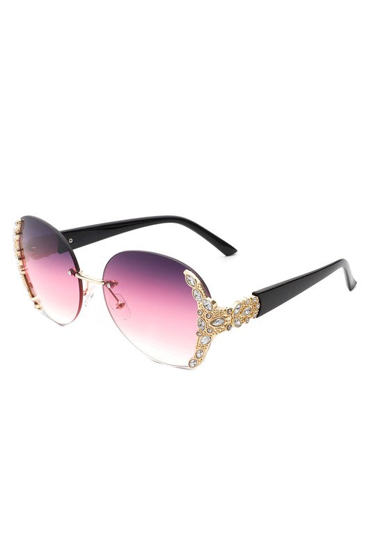 Rimless Round Rhinestone Oversize Sunglasses